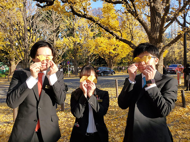 都内研修1日目、神宮いちょう並木にて